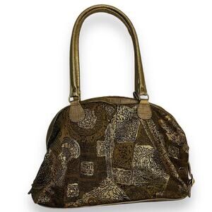 Tianni Double Handle Shoulder Bag Women's Brown Gold Zip Lined Pocket Fabric Zip